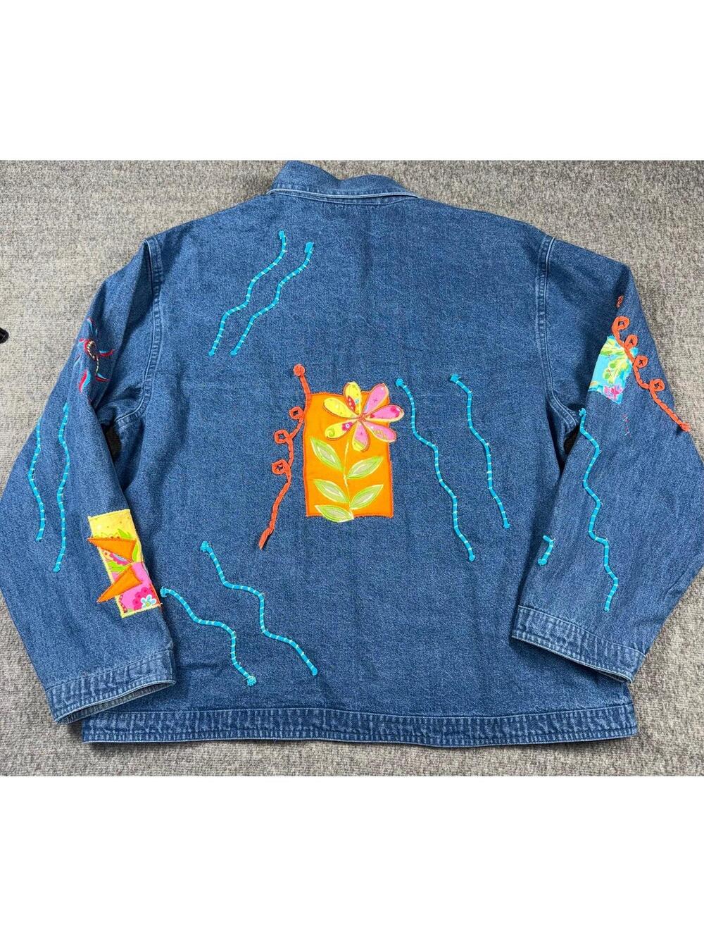 Life Style embroidered Denim wooden-button Jacket size XL Vintage Art to wear - Picture 5 of 5